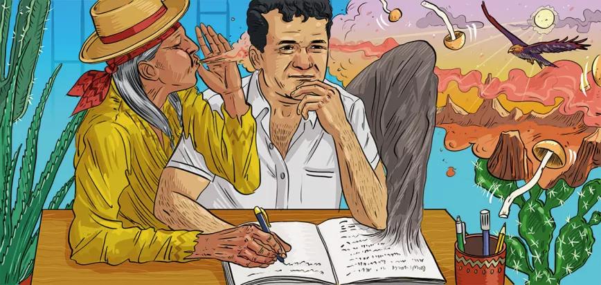 Ilustración de Cristóbal Fortúnez de Carlos Castaneda al dictado de don Juan (Cáñamo, nº 246).