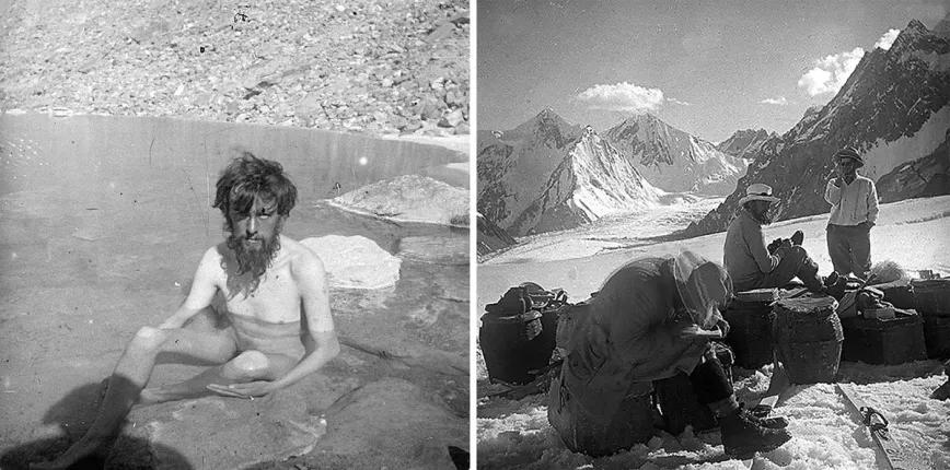 Crowley en 1902, bañándose en el glaciar Baltoro del Himalaya durante su ascensión al K-2.