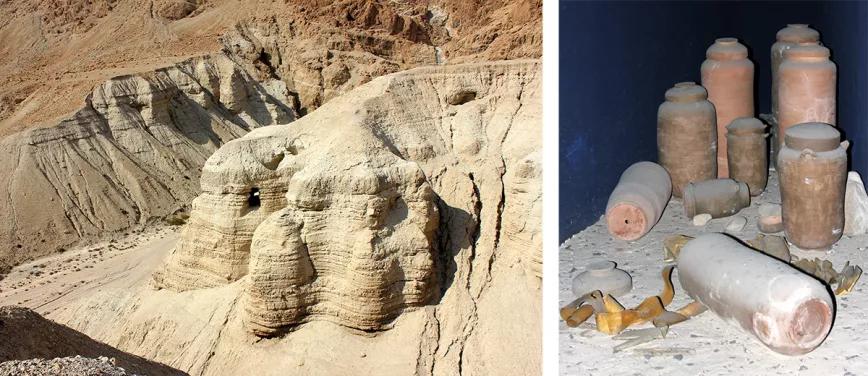 Panorámica de las Cuevas de Qumrán y réplicas de las vasijas en las que se hallaron los célebres Manuscritos de Qumrán.