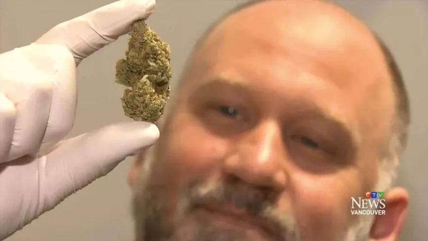 Uno de los cogollos a la venta en su dispensario no autorizado en Vancouver. La imagen es una captura de 2016 del telediario de la televisión de Vancouver.