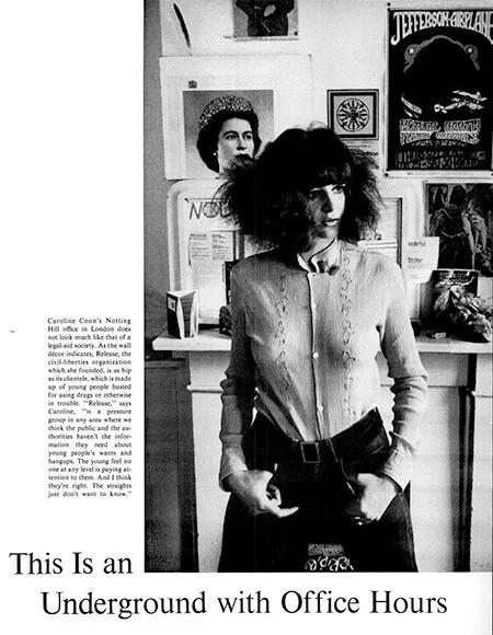 Caroline Coon en su oficina de Notting Hill, Londres. La artista feminista, periodista y activista fundó en 1966 Release, organización de defensa de los derechos civiles de los consumidores de drogas.