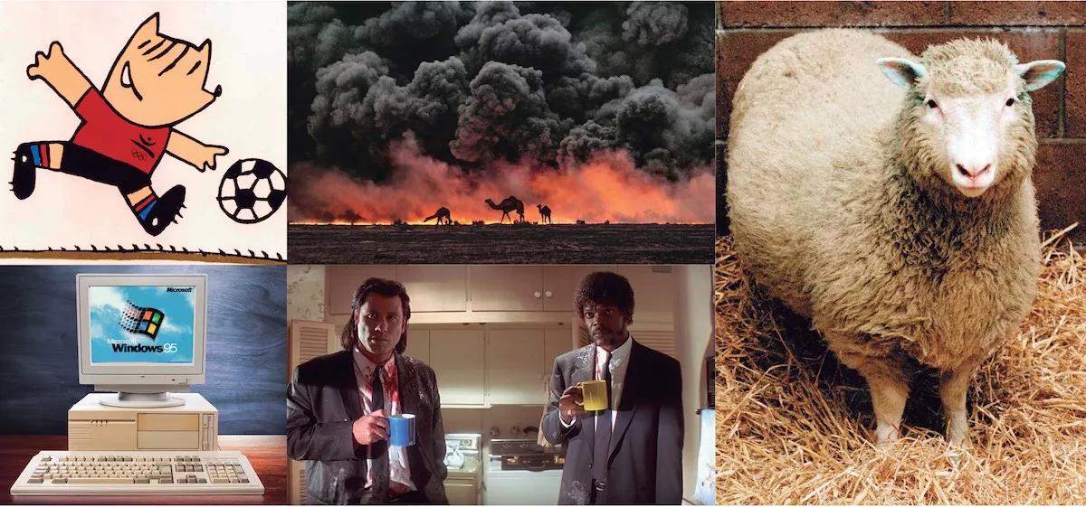 Imágenes de los años 90: Juegos Olímpicos de Barcelona, Guerra del Golfo, oveja Dolly, Windows 95 y Pulp Fiction.