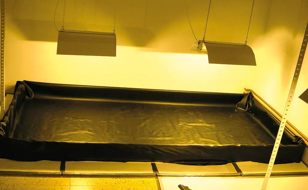 Una piscina de dos metros cuadrados, con placas aislantes debajo, lista para meter las plantas.