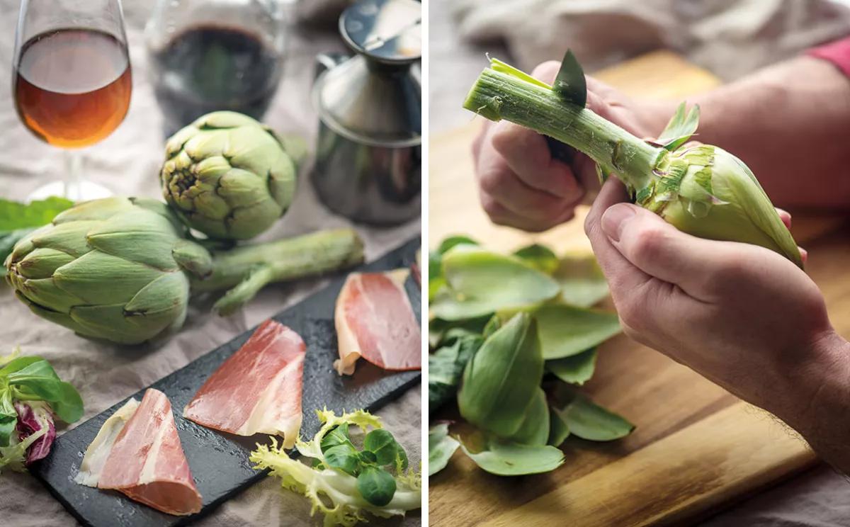 Brotes tiernos con alcachofas crujientes, jamón ibérico y aliño cannábico de moscatel y Cherry AK