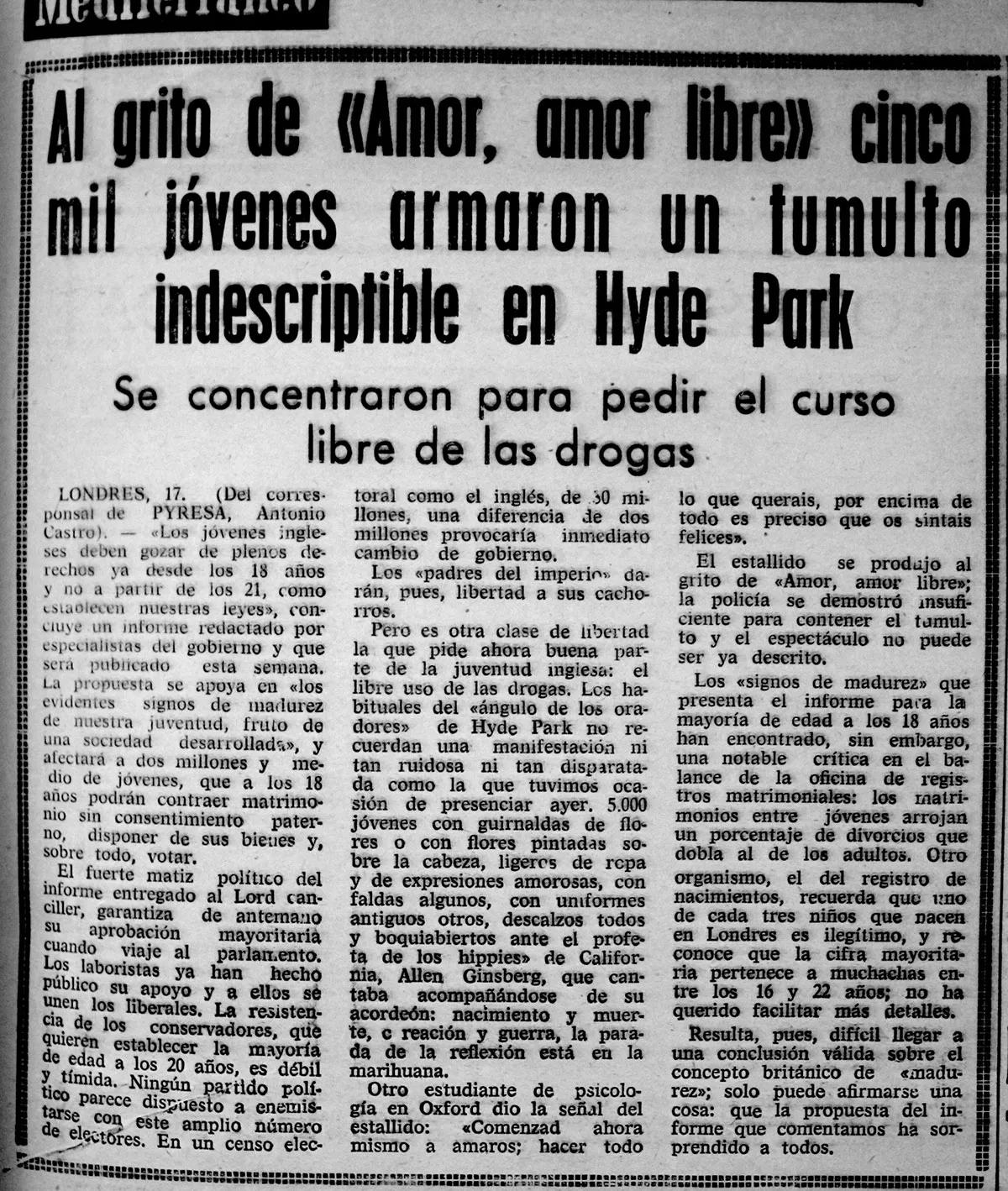 La prensa española se hizo eco de la fumada colectiva con inspirados titulares como este del diario Mediterráneo (18-7-1967)