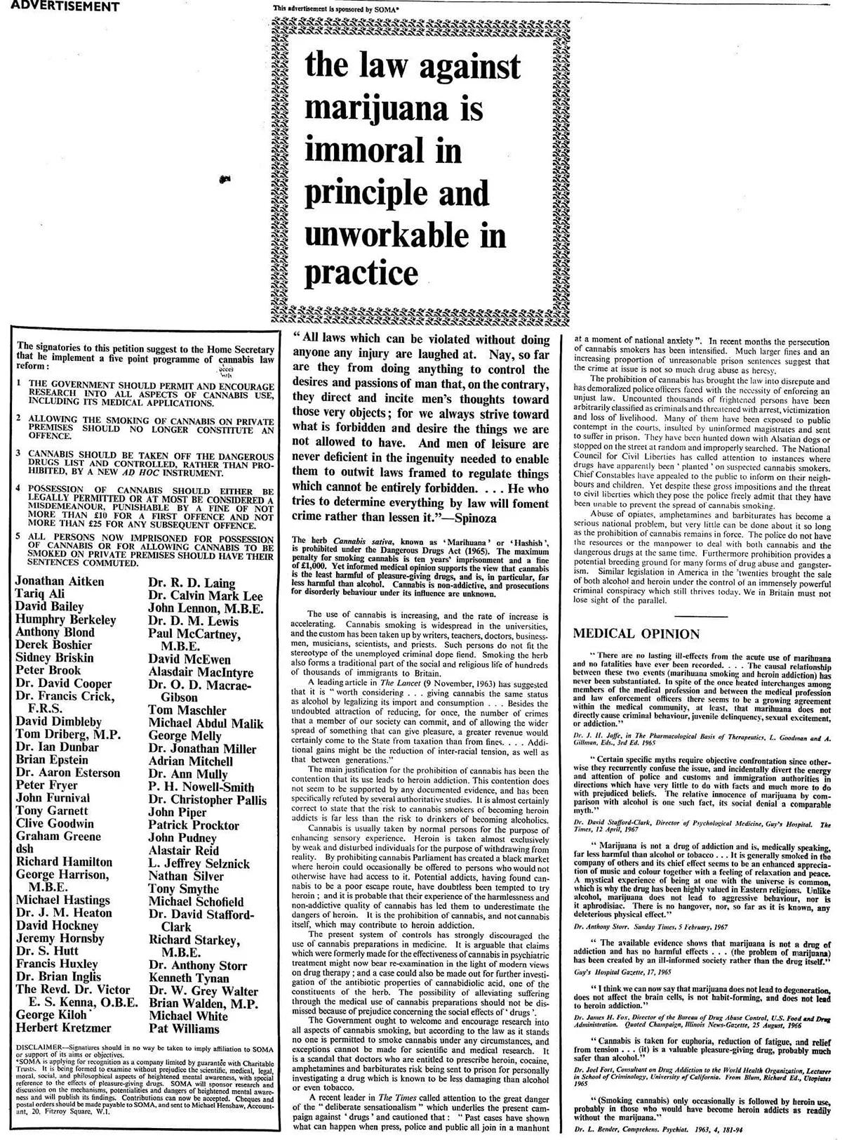 Anuncio en The Times del 24 de julio de 1967 en el que se pide la legalización de la mariguana. Fue sufragado por Paul McCartney y firmado por respetados intelectuales y artistas de la época: John Lennon, Peter Brook, David Cooper, R. D. Laing, Brian Epstein, Graham Greene y David Hockney, entre otros
