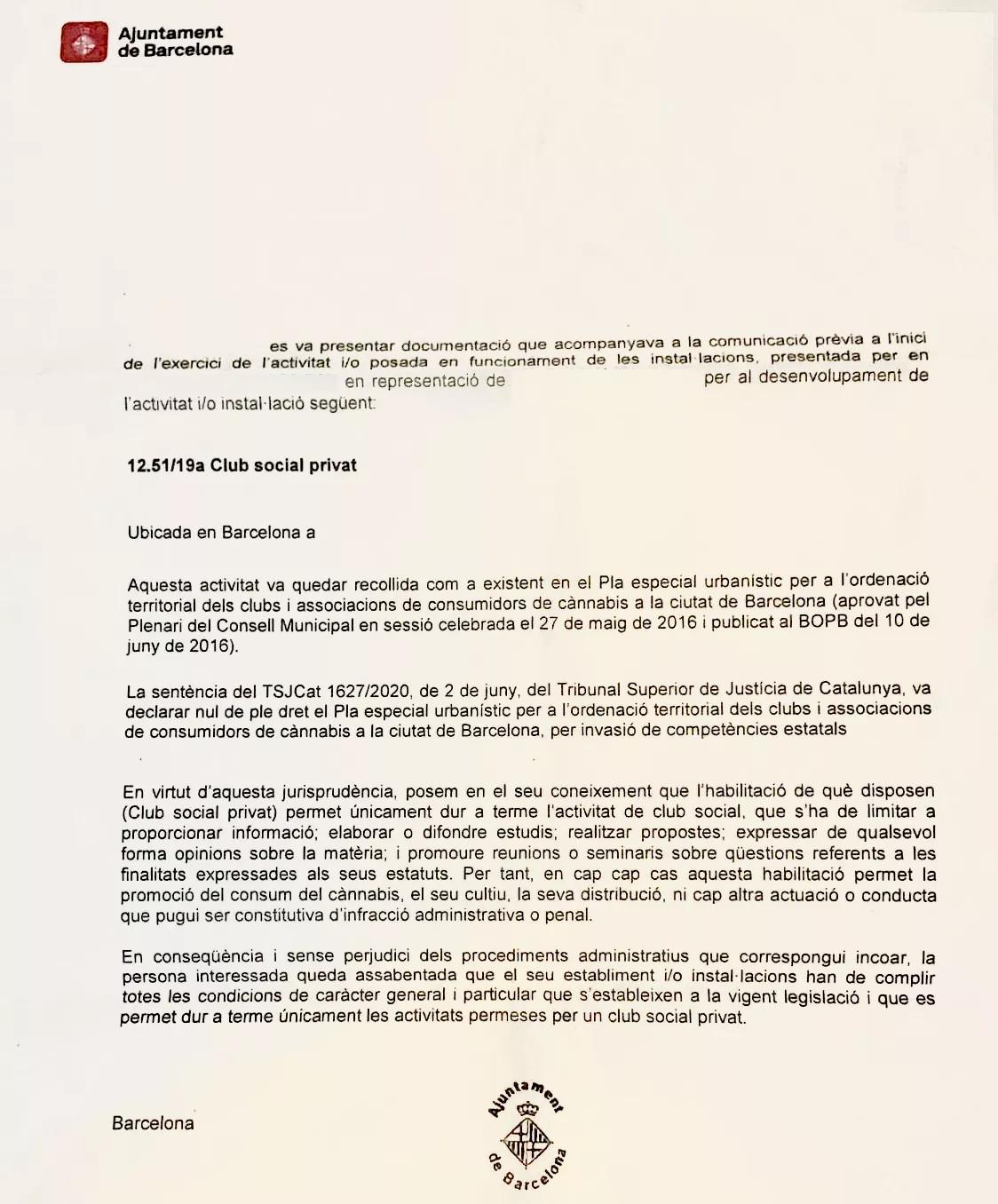 Carta enviada desde el Ayuntamiento de Barcelona a los clubs de cannabis.