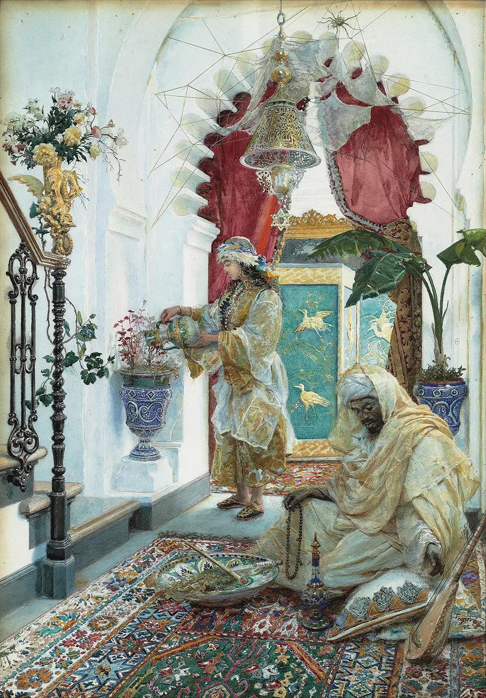 Un atrio oriental [Preparando el kif ] (c.1890), de Josep Tapiró, colección particular.