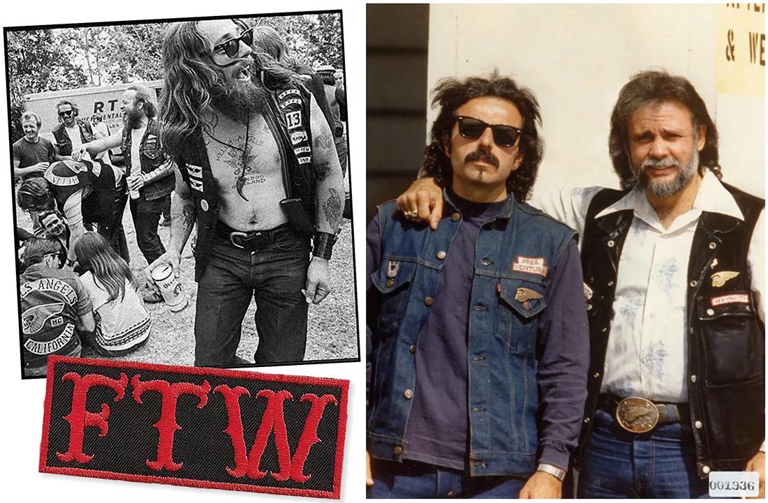 La tropa de los Hell’s Angels de California, durante una parada en el camino para refrescarse. Según algunos, las siglas FTW son la abreviatura de Forever Two Wheels (“Por siempre sobre dos ruedas”); según otros, de Fuck The World (“Que se joda el mundo”). Sobre estas líneas, George Christie, presidente de la sección californiana del club, y Sandy Alexander, presidente de la sección neoyorquina, cuando aún ejercían como tales, en 1983.