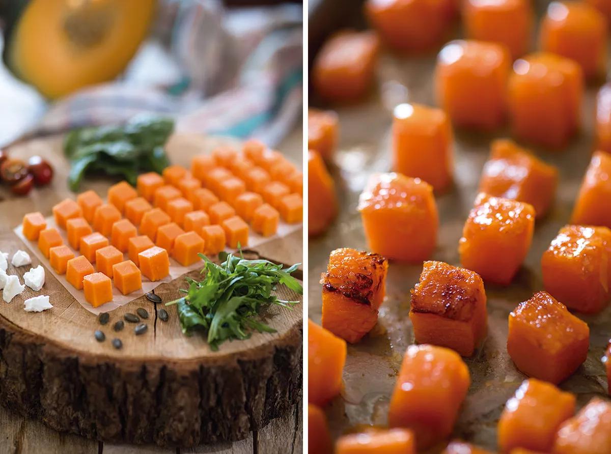 Ensalada templada de calabaza asada y queso de cabra con vinagreta mágica y frutos secos