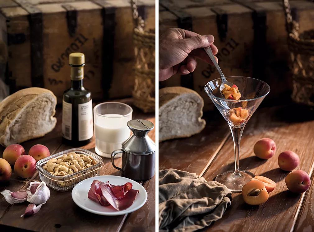 Mazamorra cordobesa de anacardos con cecina y albaricoques