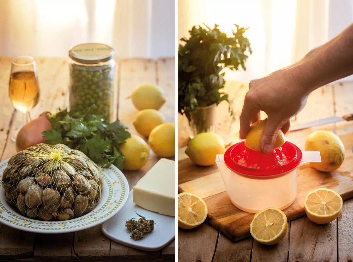 Almejas con guisantes en cannasalsa meunière