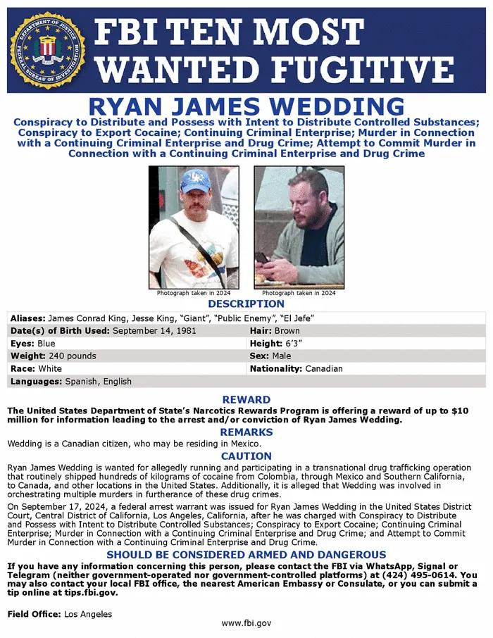 Exatleta olímpico Ryan Wedding buscado por tráfico de drogas y homicidios